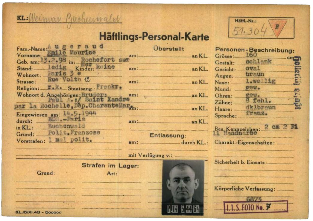 Häftlingspersonalkarte des KZ Buchenwald für Emile Augeraud, Mai 1944