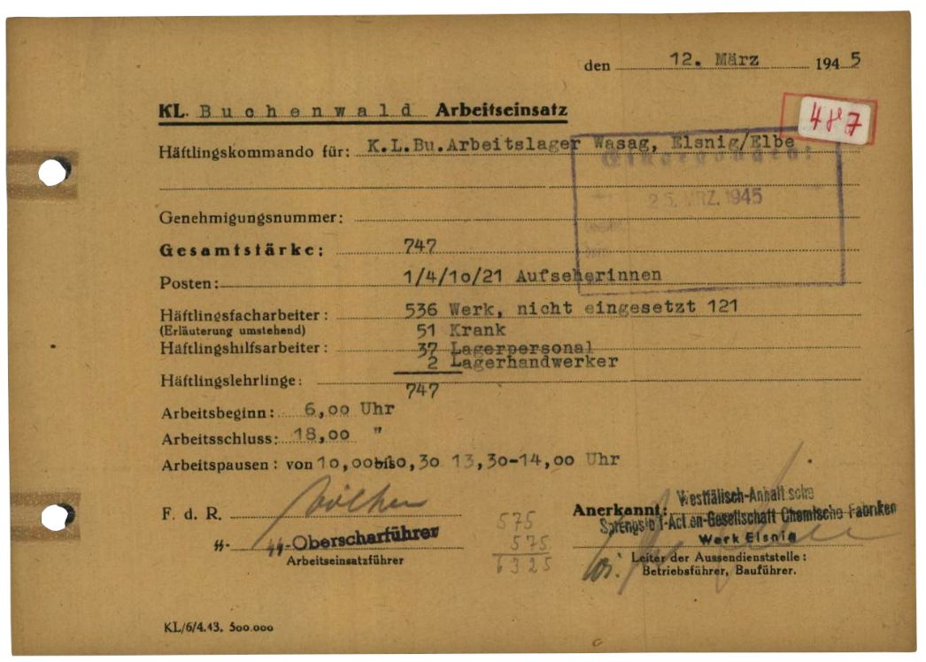Arbeitseinsatzmeldung des Außenlagers Elsnig vom 12. März 1945.