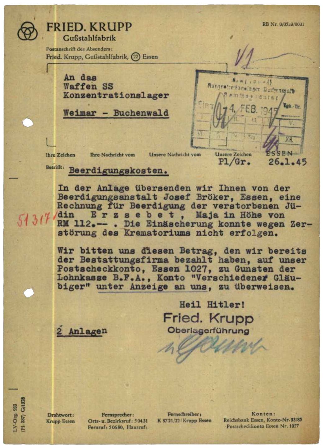 Schreiben der für alle Zwangsarbeitslager der Krupp AG zuständigen Oberlagerführung an das KZ Buchenwald, 16. Januar 1945