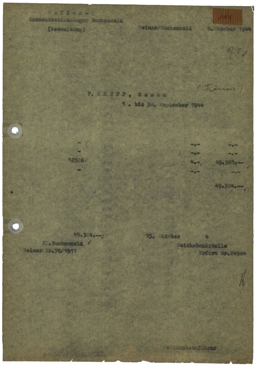 Durchschlag eines Forderungsnachweises der SS-Verwaltung Buchenwald an die Krupp AG in Essen, 6. Oktober 1944