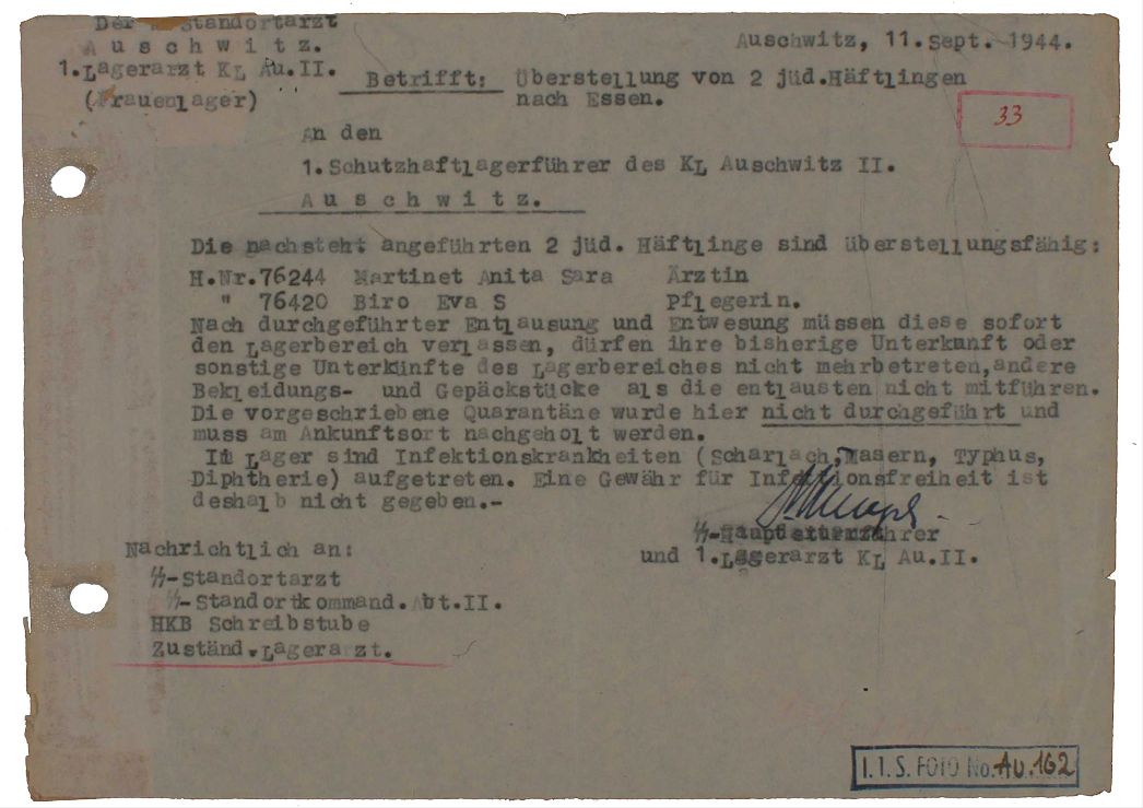 Vom Lagerarzt des Frauenlagers in Auschwitz-Birkenau, Josef Mengele, unterzeichnetes Schreiben an den dortigen Schutzhaftlagerführer, 11. September 1944