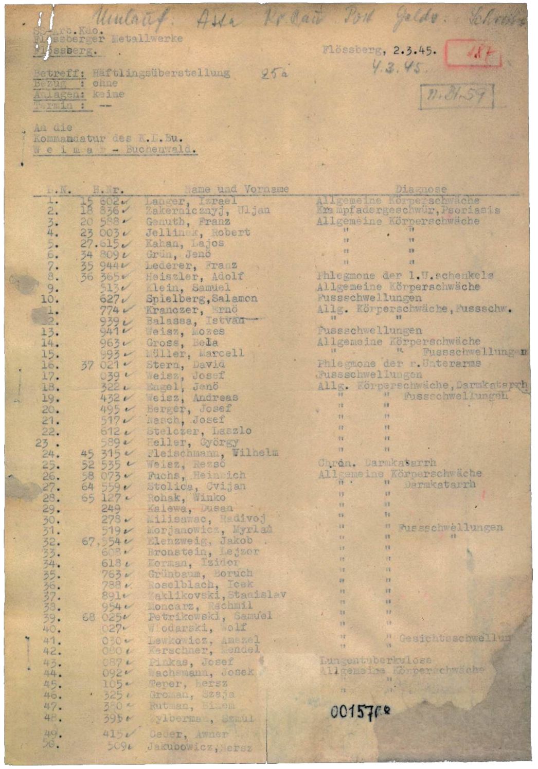 Transportliste eines „Invalidentransports“ aus Flößberg nach Buchenwald, 2. März 1945