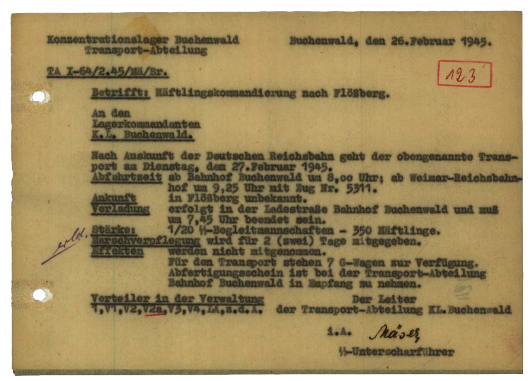 Vermerk der Transport-Abteilung des KZ Buchenwald über den Ablauf eines Häftlingstransports nach Flößberg, 26. Februar 1945