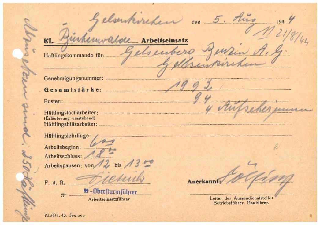 Vom Kommandoführer Dietrich unterzeichnete Arbeitseinsatzmeldung des Außenlagers Gelsenkirchen, 5. August 1944. An diesem Samstag arbeiteten die Frauen von 6 bis 18 Uhr, unterbrochen von einer einstündigen Pause.