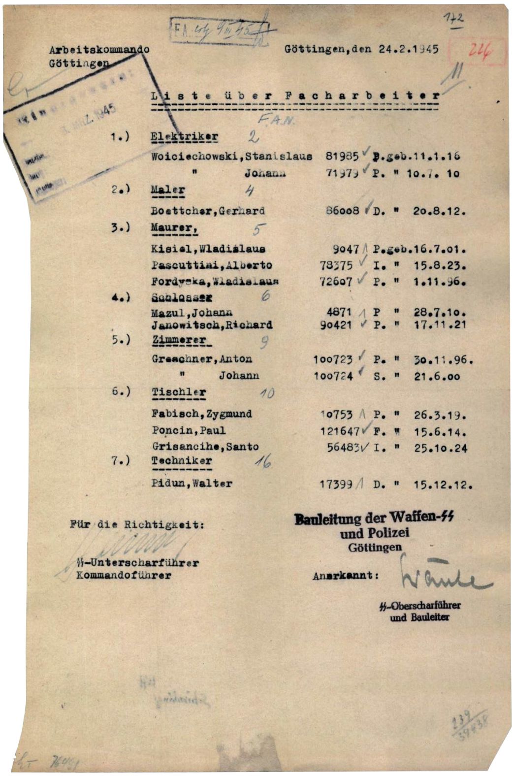 Übersicht über die 14 als Facharbeiter kategorisierten Häftlinge des Außenlagers Weende bei Göttingen, 24. Februar 1945