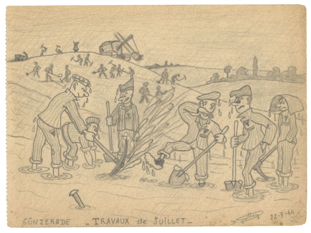Bleistiftzeichnung. „Günzerode, Travaux de Juillet“ [Günzerode, Arbeiten im Juli], Zeichnung von Denis Guillon, 22. Juli 1944. Der achtzehnjährige Karikaturenzeichner aus Alfortville in Frankreich hielt während seiner Zeit in Günzerode unter anderem die Arbeit auf den Baustellen der Helmetalbahn in einer Reihe von Karikaturen fest. Hinter ihrer humorvollen Fassade lassen sie die realen Bedingungen der körperlich schweren Zwangsarbeit erkennen.