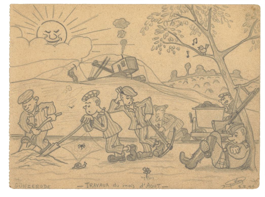 Bleistiftzeichnung. „Günzerode, Travaux du mois d’Aout“ (Günzerode, Arbeiten im Monat August], Zeichnung von Denis Guillon, 5. August 1944. Der achtzehnjährige Karikaturenzeichner aus Alfortville in Frankreich hielt während seiner Zeit in Günzerode unter anderem die Arbeit auf den Baustellen der Helmetalbahn in einer Reihe von Karikaturen fest. Hinter ihrer humorvollen Fassade lassen sie die realen Bedingungen der körperlich schweren Zwangsarbeit erkennen.