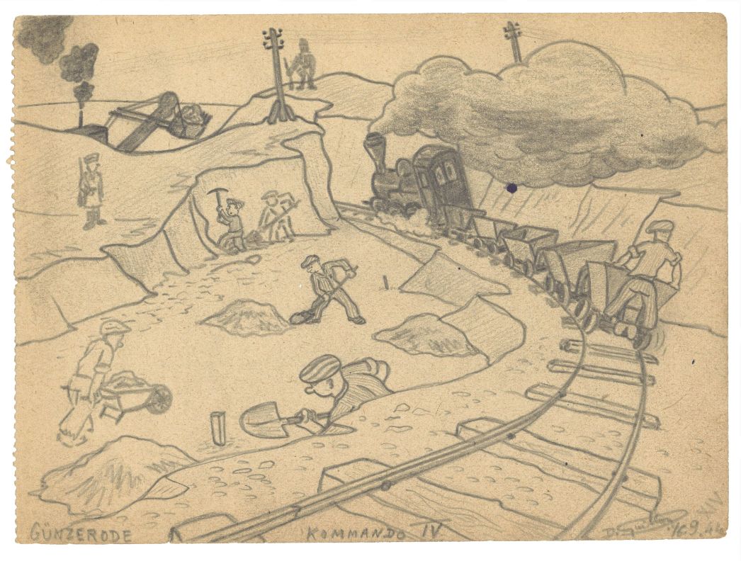 Bleistiftzeichnung. „Günzerode, Kommando IV“, Zeichnung von Denis Guillon, 16. September 1944, Der achtzehnjährige Karikaturenzeichner aus Alfortville in Frankreich hielt während seiner Zeit in Günzerode unter anderem die Arbeit auf den Baustellen der Helmetalbahn in einer Reihe von Karikaturen fest. Hinter ihrer humorvollen Fassade lassen sie die realen Bedingungen der körperlich schweren Zwangsarbeit erkennen.