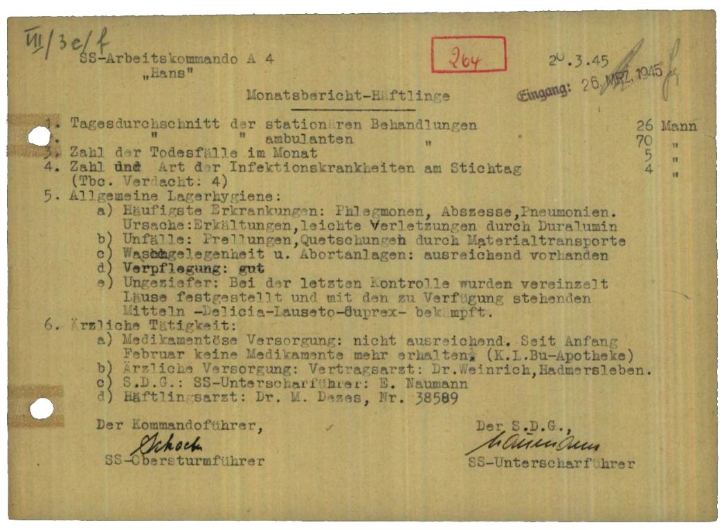 Monatsbericht der Krankenstation des Außenlagers in Hadmersleben, 20. März 1945. Durchschnittlich 100 Häftlinge befanden sich zu dieser Zeit täglich in ambulanter oder stationärer Versorgung. Medikamente waren nicht ausreichend vorhanden.