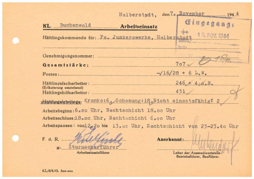 Arbeitseinsatzmeldung des Außenlagers Halberstadt vom 7. November 1944. An diesem Tag arbeiteten 681 Häftlinge. 26 waren wegen Krankheit nicht eingesetzt.