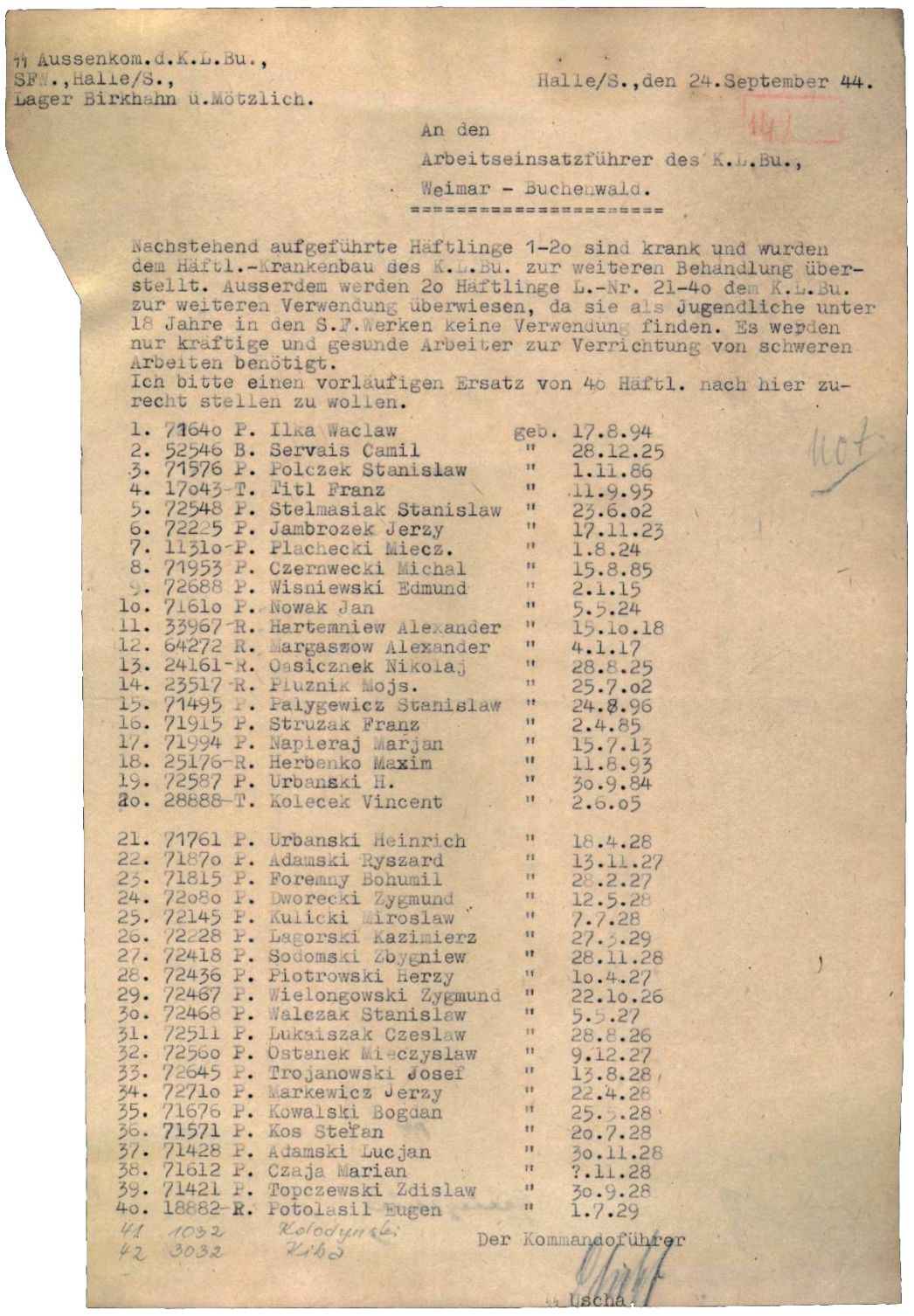 Schreiben des Kommandoführers in Halle an den Arbeitseinsatzführer in Buchenwald, 24. September 1944. 20 kranke Häftlinge und 21 Jugendliche, für die das Werk keine Verwendung hatte, wurden zurück nach Buchenwald geschickt. Vier der Kranken starben im Hauptlager, alle andere kamen später in andere Arbeitskommandos oder Außenlager.