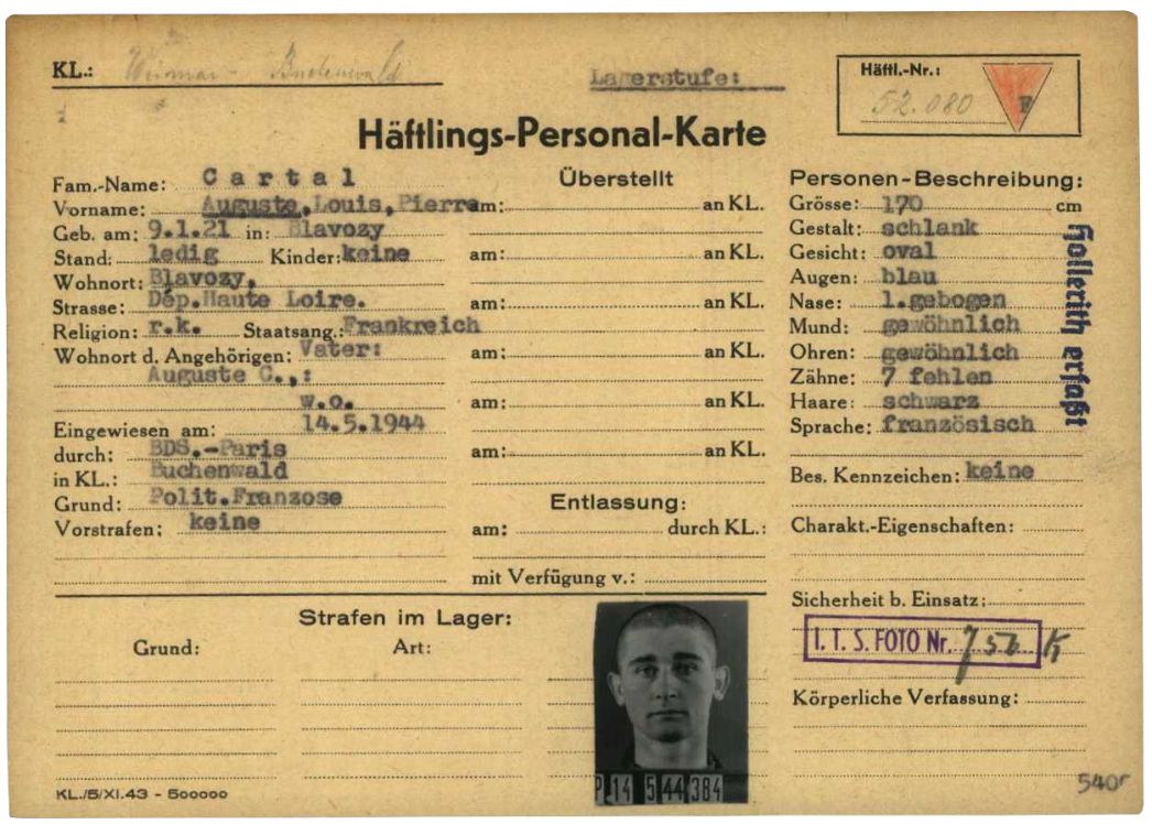 Häftlingspersonalkarte für Auguste Cartal aus Blavozy in Frankreich, 1944
