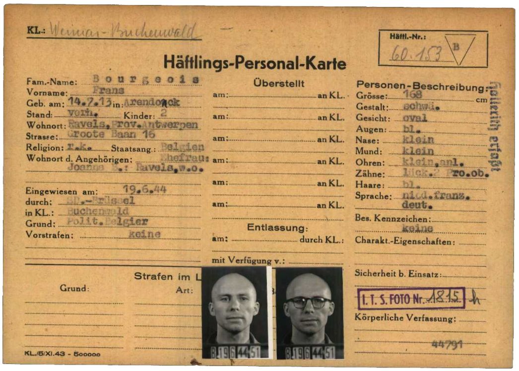 Häftlingspersonalkarte des KZ Buchenwald für Frans Bourgeois, Juni 1944