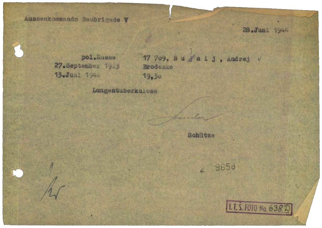 Meldung des Totes des sowjetischen Häftlings Andrej Bujnij, 5. Juni 1944. Der 20-Jährige starb am 28. Mai 1944 in Hesdin nach Angaben der Haftunterlagen an Lungentuberkulose.