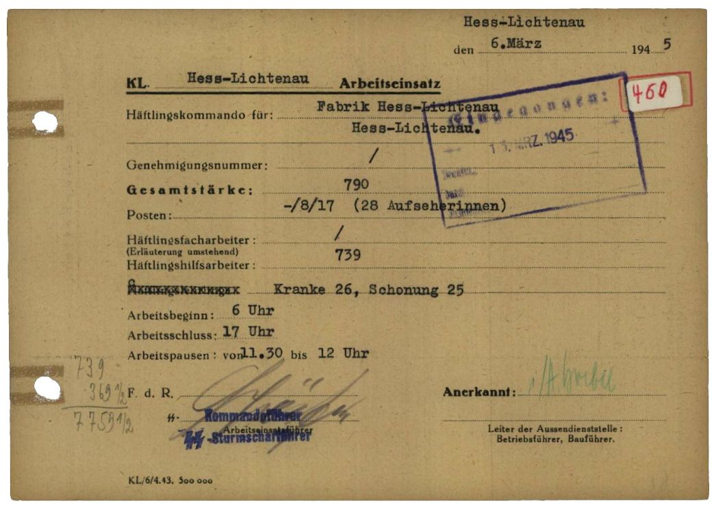 Arbeitseinsatzmeldung des Außenlagers Hessisch Lichtenau, 6. März 1945.