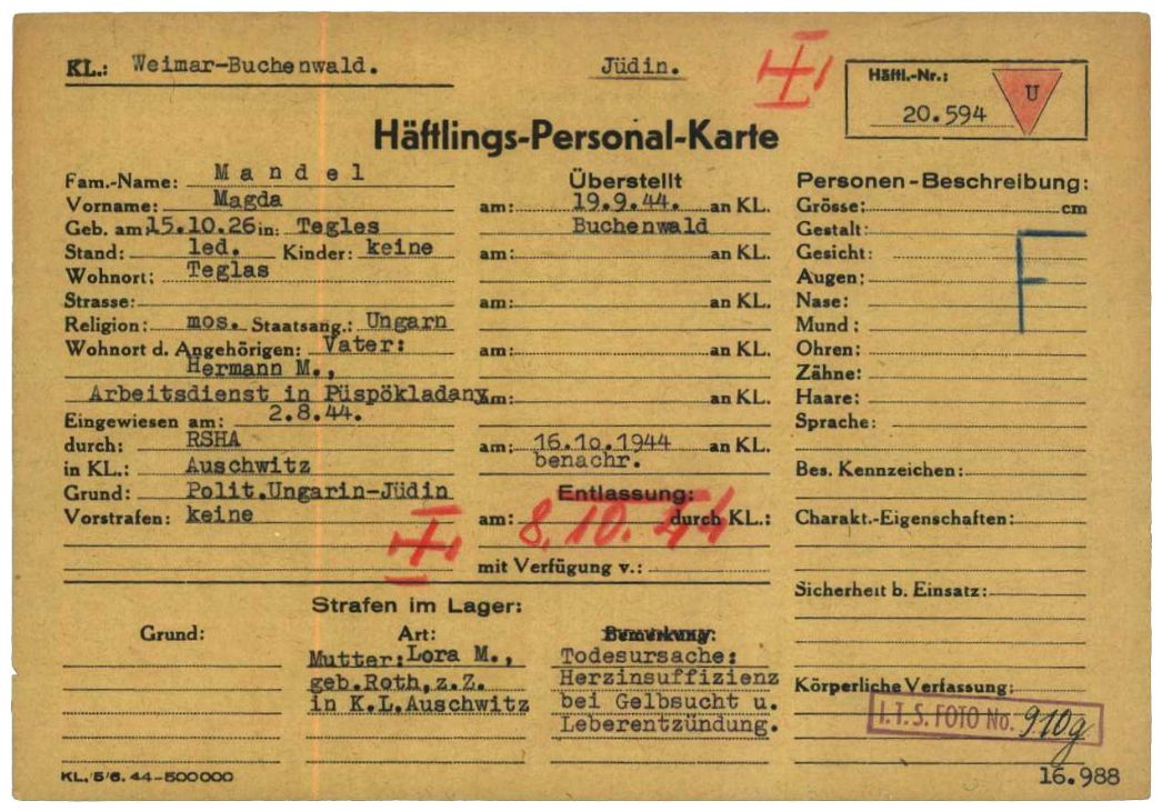 Häftlingspersonalkarte des KZ Buchenwald für Magda Mandel aus dem ungarischen Téglás, 1944.