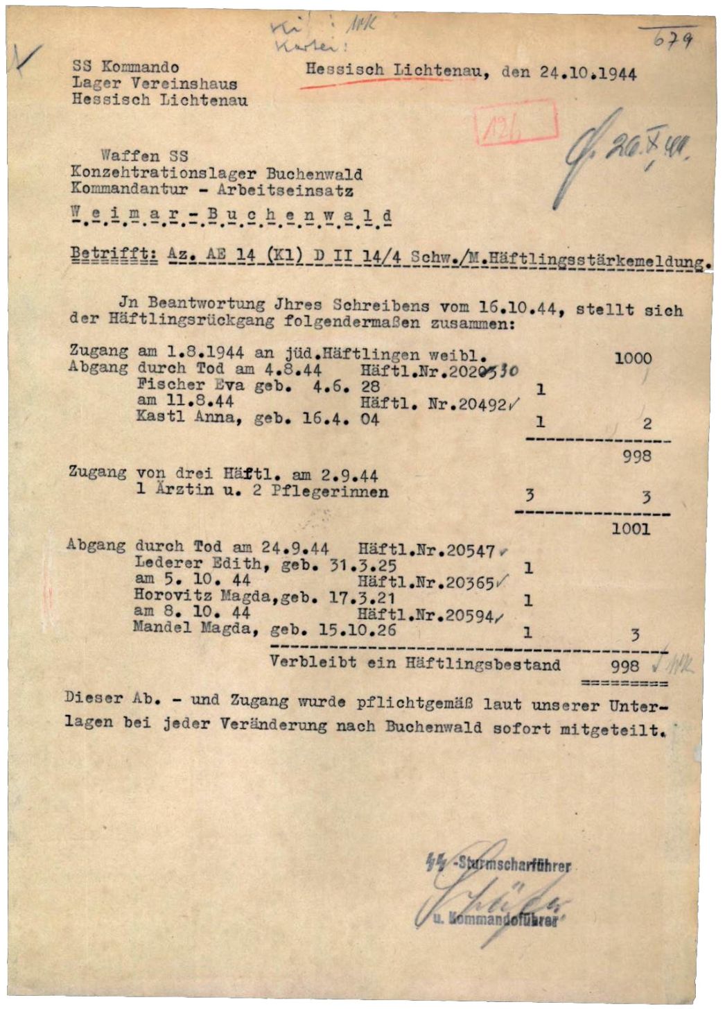 Häftlingsstärkemeldung des Außenlagers Hessisch Lichtenau, 24. Oktober 1944.