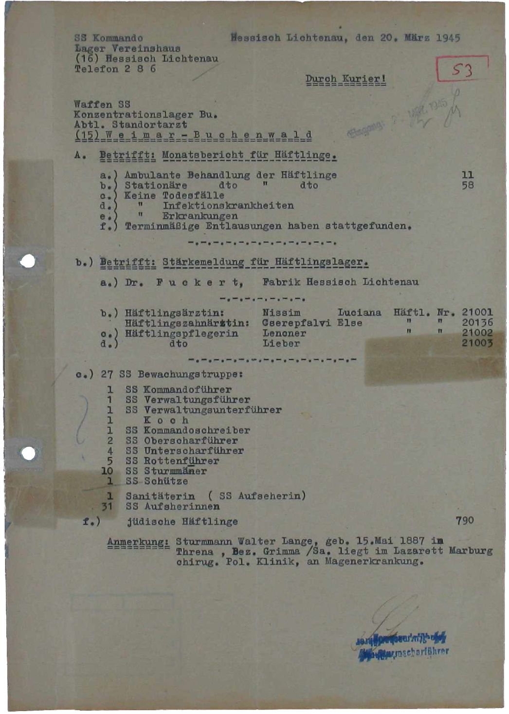 Medizinischer Monatsbericht des Außenlagers Hessisch Lichtenau, 20. März 1945.