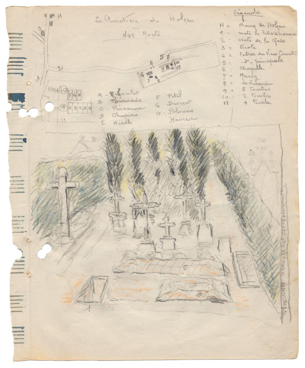Der Gemeindefriedhof von Holzen. Zeichnung von Camille Delétang, 1945