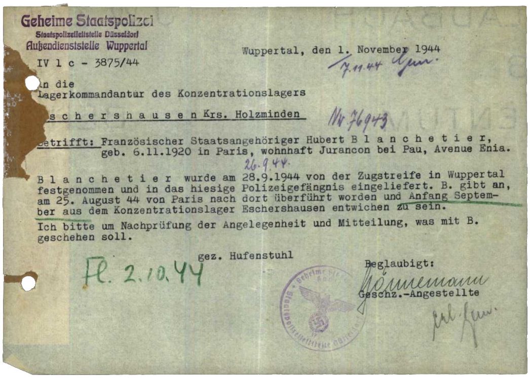 Schreiben der Gestapostelle Wuppertal an das Außenlager in Holzen über die Wiederergreifung des flüchtigen Häftlings Hubert Blanchetier, 1. November 1944