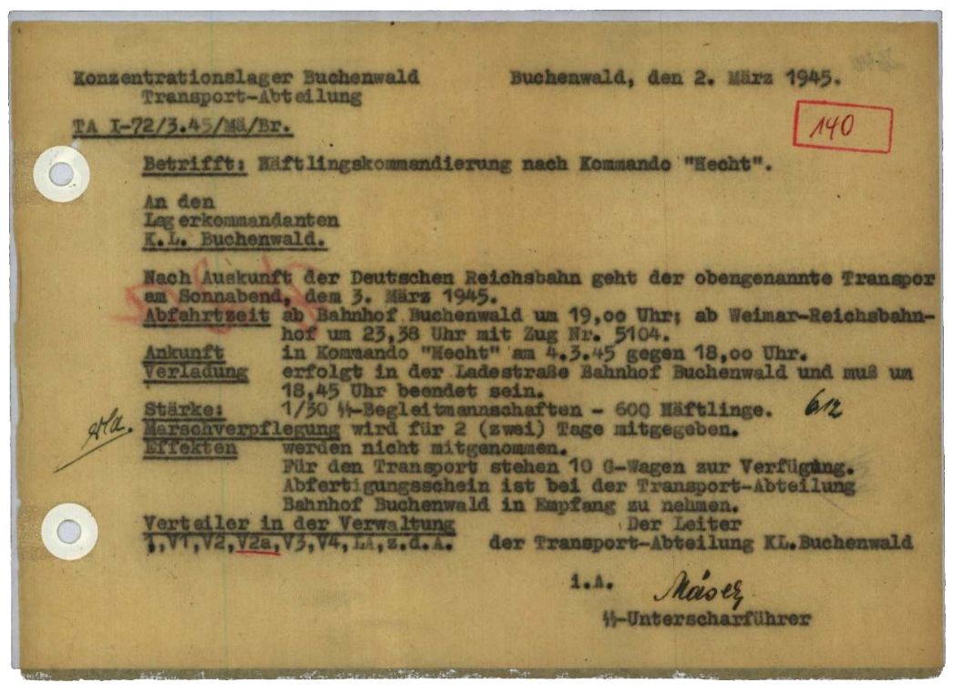 Vermerk der Transport-Abteilung des KZ Buchenwald zu einem Häftlingstransport nach Holzen, 2. März 1945