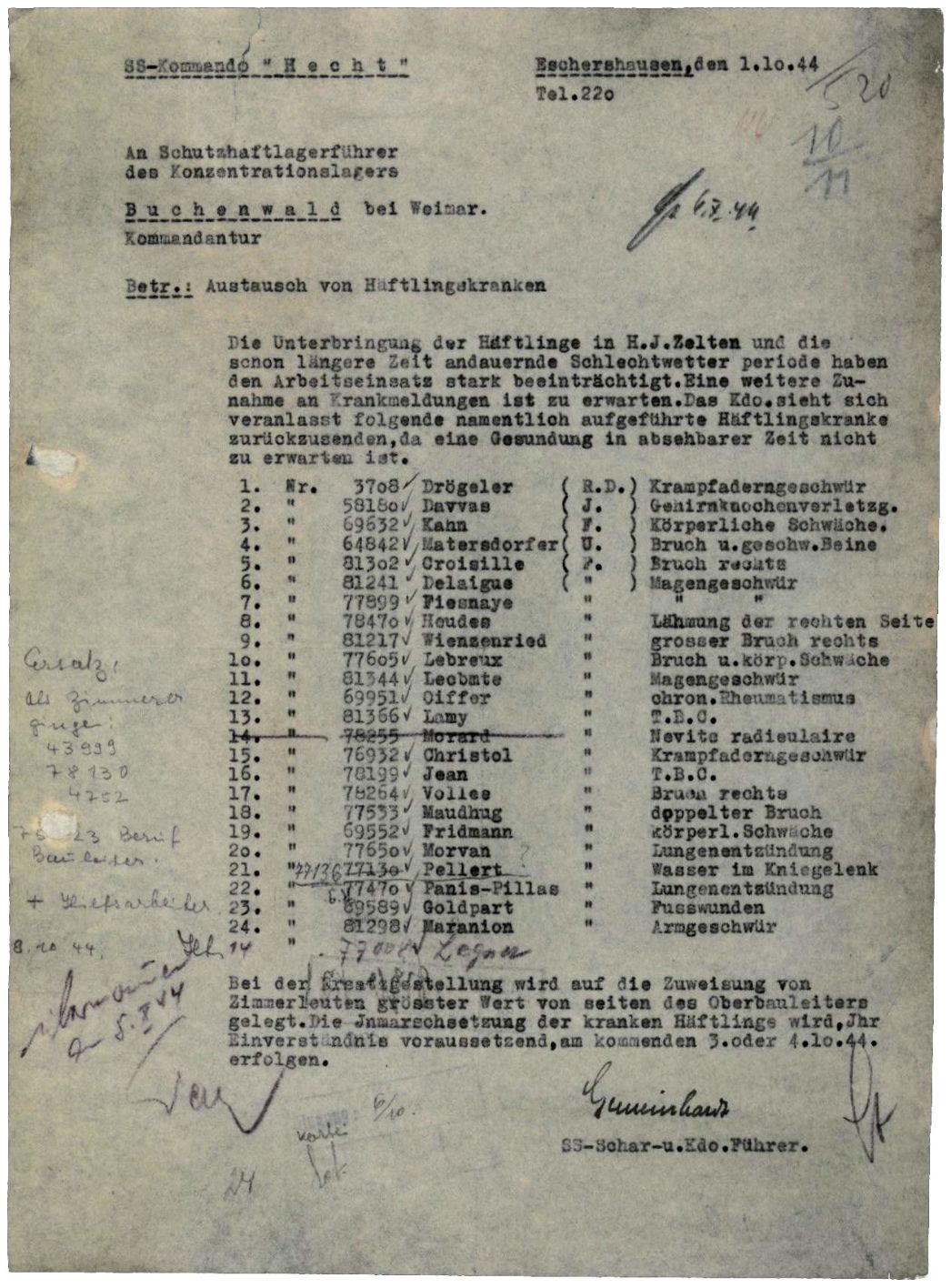 Schreiben des Kommandoführers des SS-Kommando „Hecht“ an die Kommandantur des Hauptlagers Buchenwald, 1. Oktober 1944