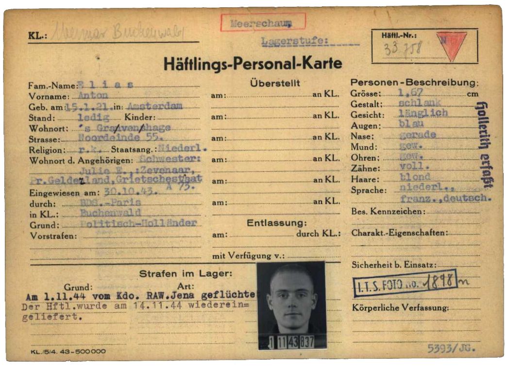 Häftlingspersonalkarte des KZ Buchenwald für den 23-jährigen Niederländer Anton Elias, 1944