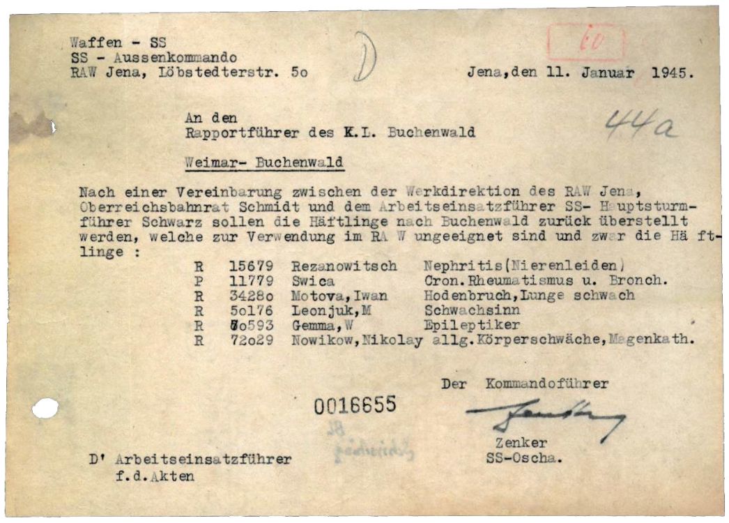 Schreiben des Jenaer Kommandoführers Zenker an den Rapportführer des KZ Buchenwald, 11. Januar 1945
