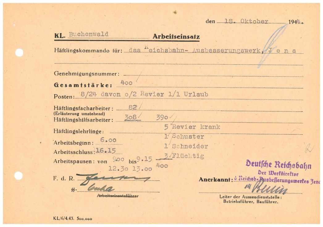 Arbeitseinsatzsatzmeldung des Außenlagers Jena, 18. Oktober 1944