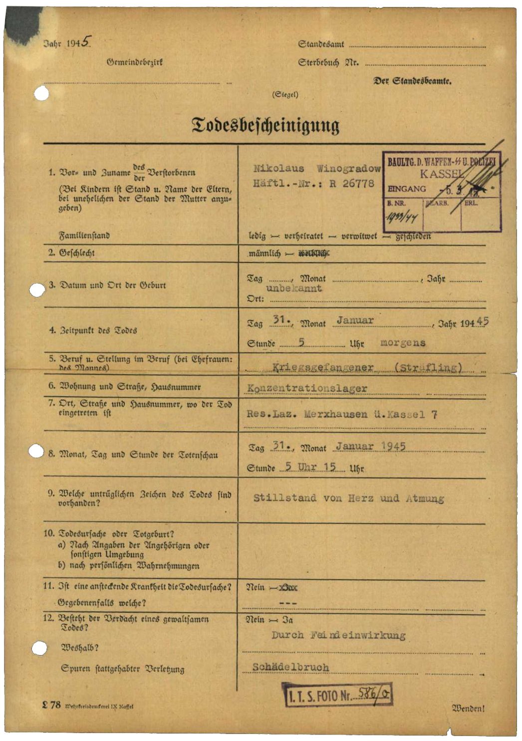 Todesbescheinigung des Reservelazaretts Merxhausen für Nikolaj Winogradow, 16. Februar 1945. Unterschrieben wurde sie vom behandelnden Oberarzt Dr. Schaefer.