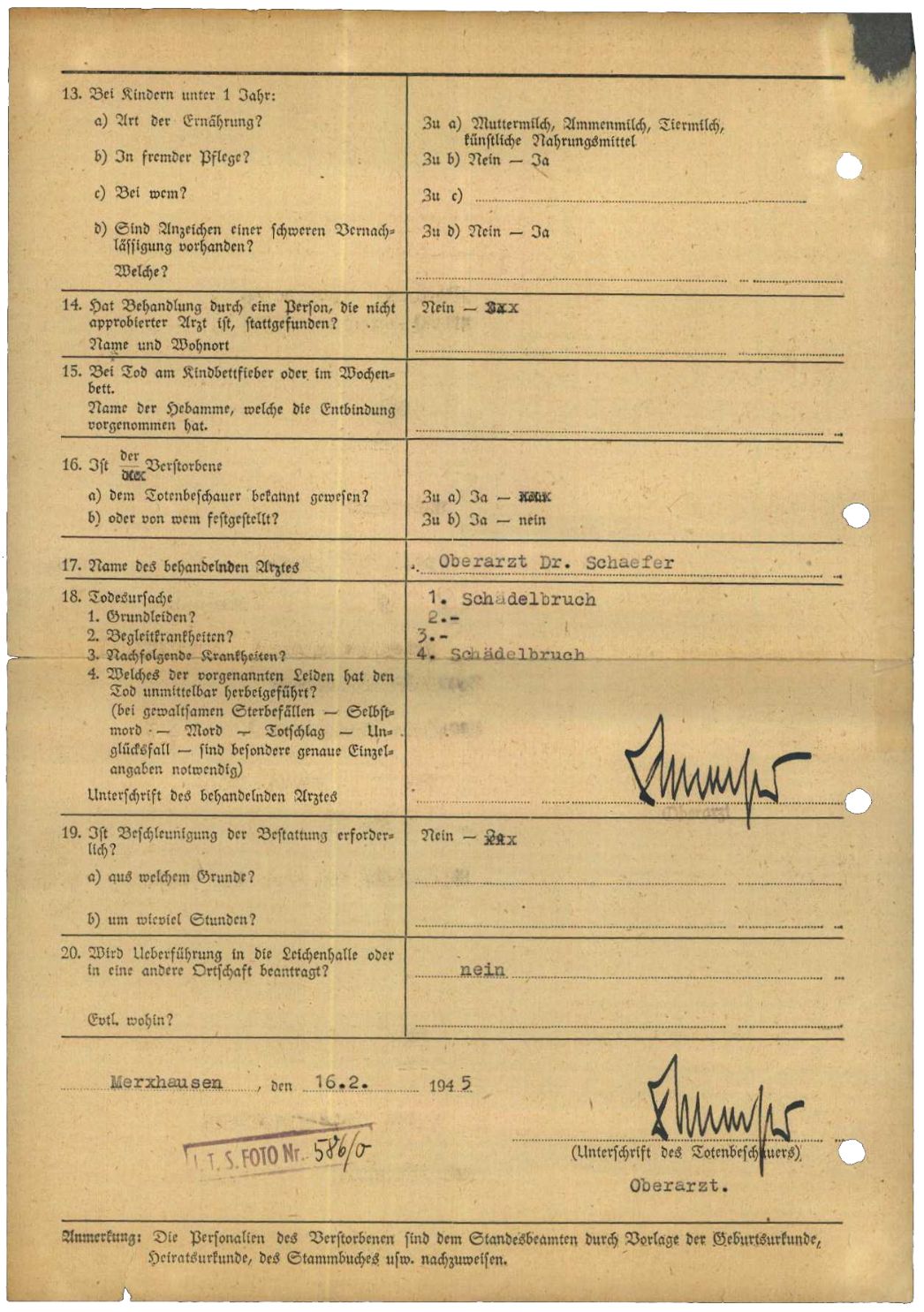 Todesbescheinigung des Reservelazaretts Merxhausen für Nikolaj Winogradow, 16. Februar 1945. Unterschrieben wurde sie vom behandelnden Oberarzt Dr. Schaefer.