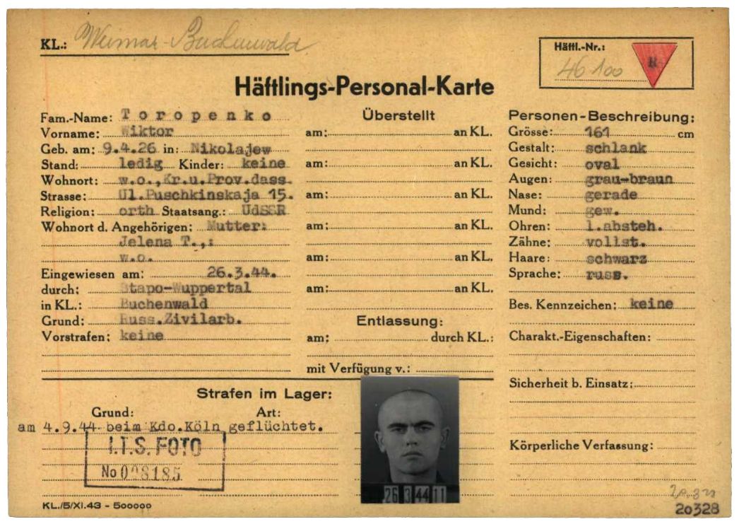 Häftlingspersonalkarte für Wiktor Toropenko aus Mykolajiw in der Ukraine