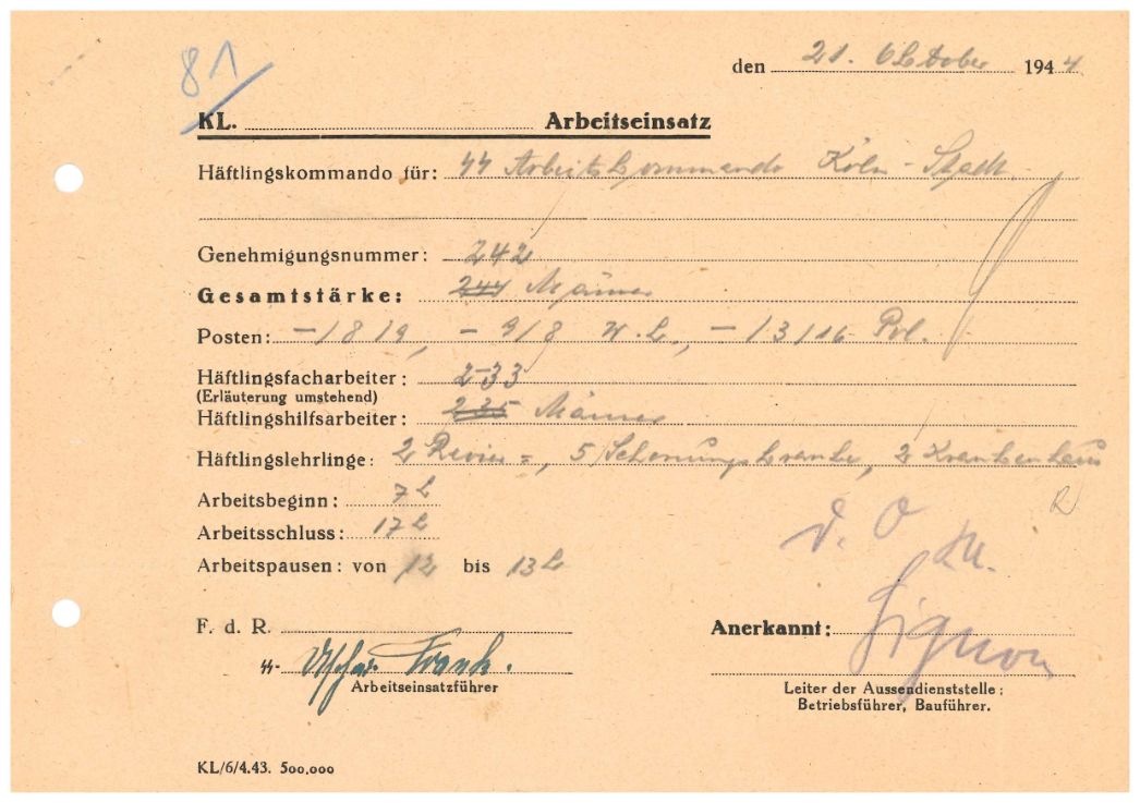 Vom Kommandoführer SS-Unterscharführer Frank unterzeichnete Arbeitseinsatzmeldung vom 21. Oktober 1944