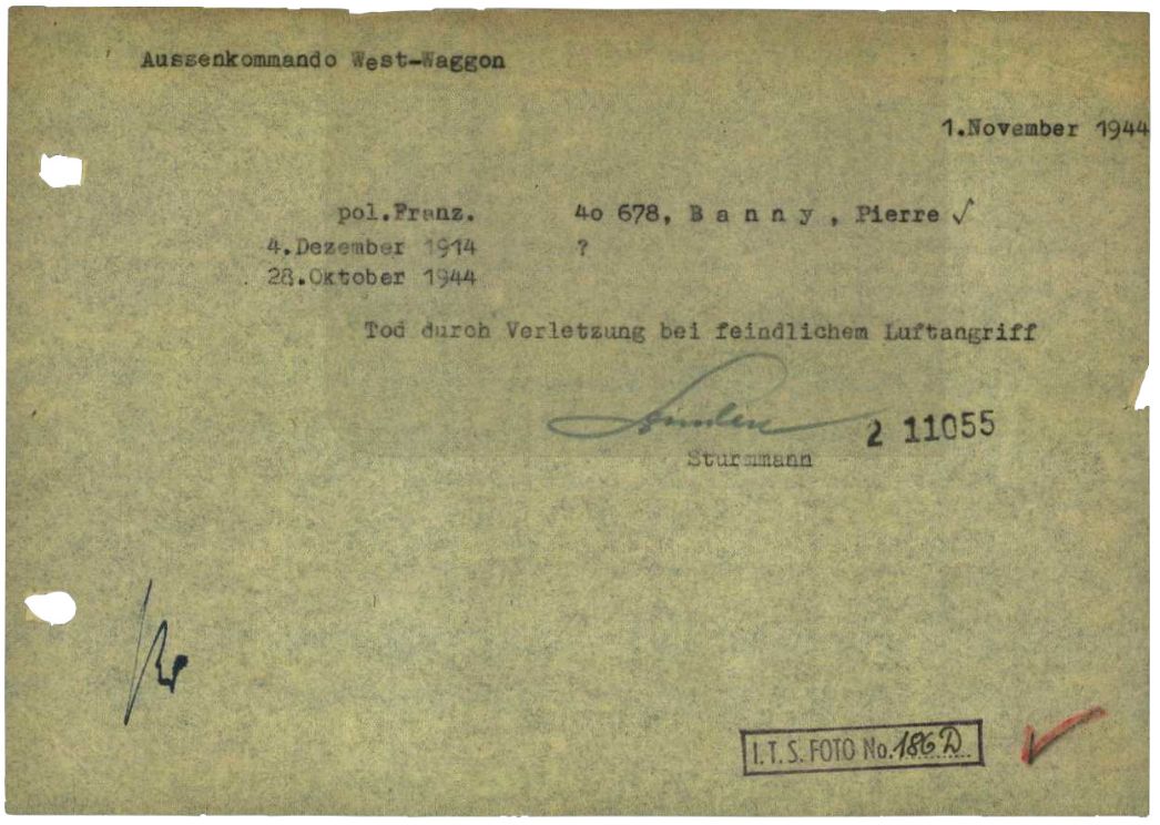 Meldung des Todes von Pierre Banny an die Lagerverwaltung in Buchenwald, 1. November 1944