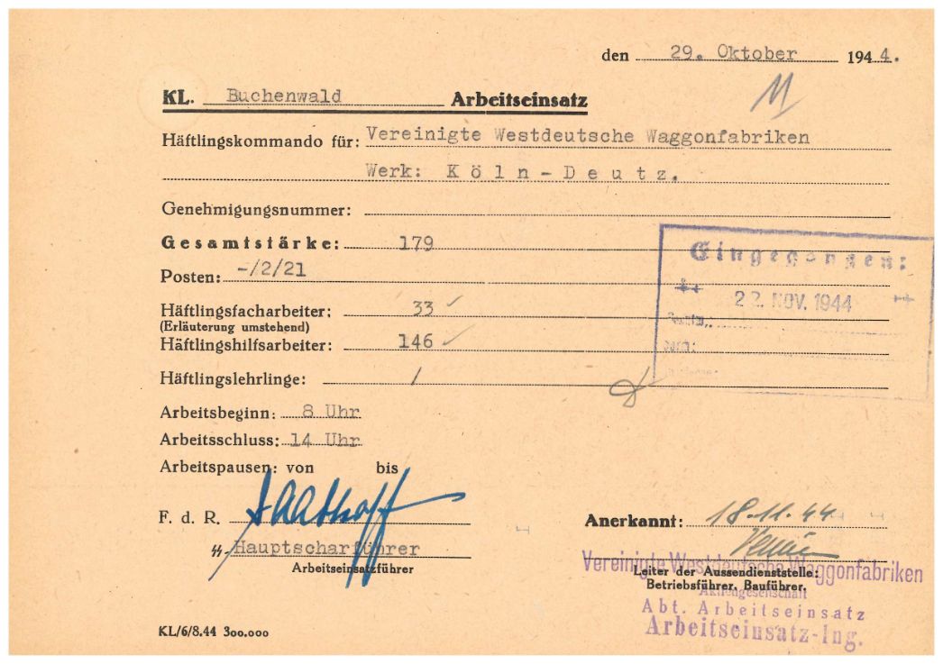Arbeitseinsatzmeldung vom 29. Oktober 1944