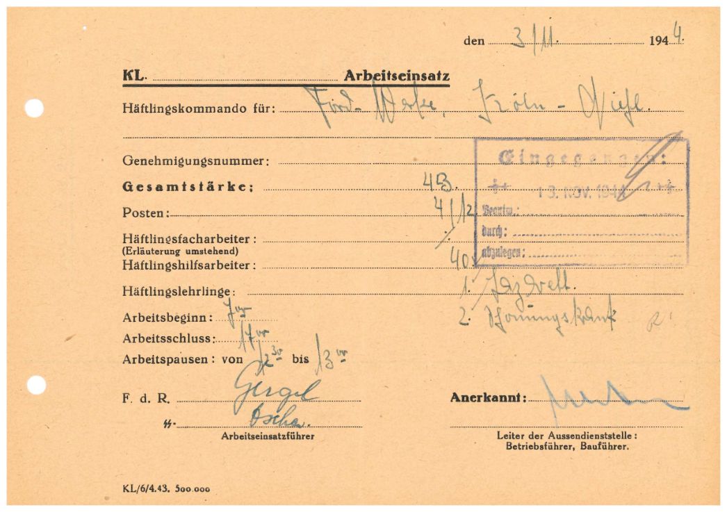 Arbeitseinsatzmeldung vom 3. November 1944
