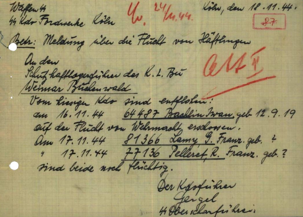Meldung des Kommandoführers Josef Gergel über Fluchten und die Erschießung von Iwan Bachlin durch einen Wehrmachtsoldaten, 18. November 1944