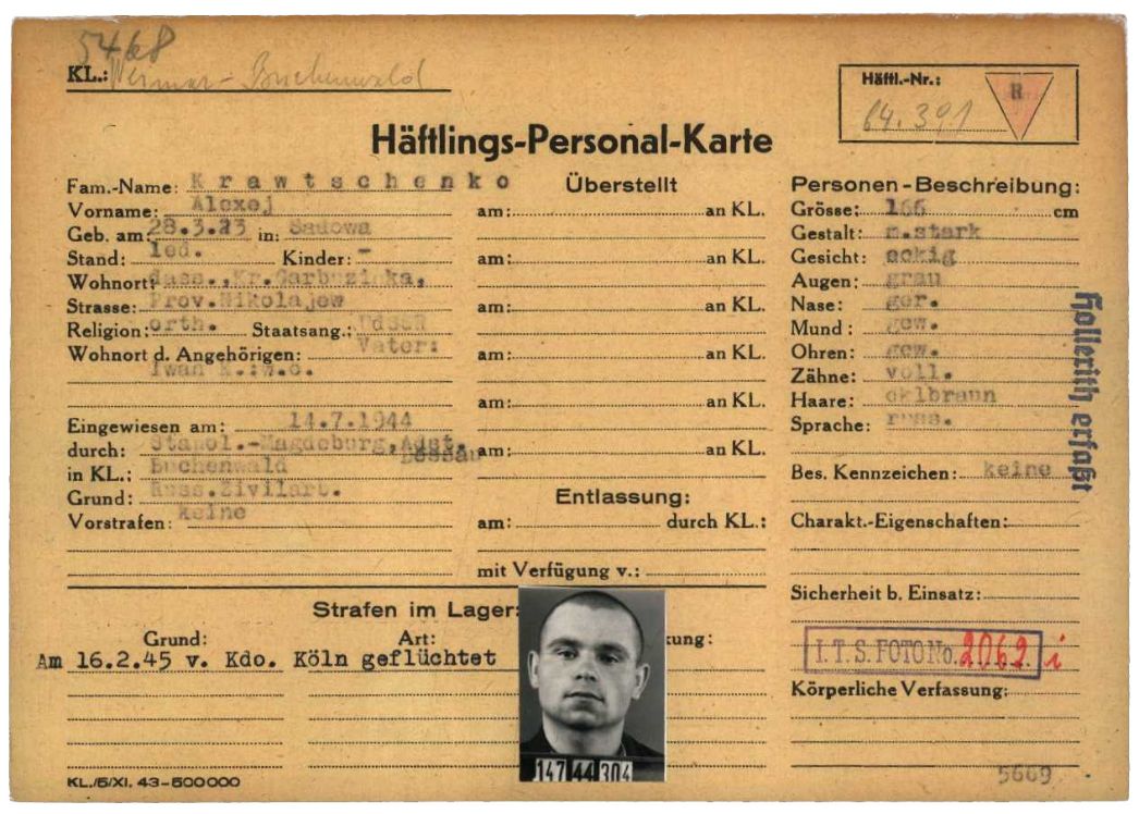 Häftlingspersonalkarte für Alexej Krawtschenko aus Sadowa in der Ukraine, 1944