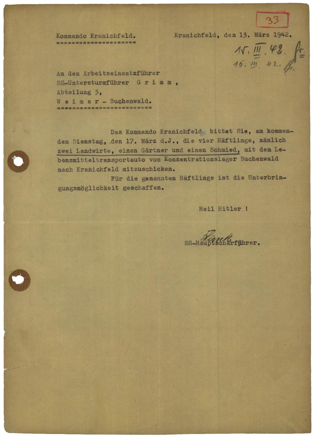Schreiben des Kommandoführers des Außenlagers Kranichfeld, Johann Blank, an den Arbeitsdienstführer des KZ Buchenwald, 13. März 1942
