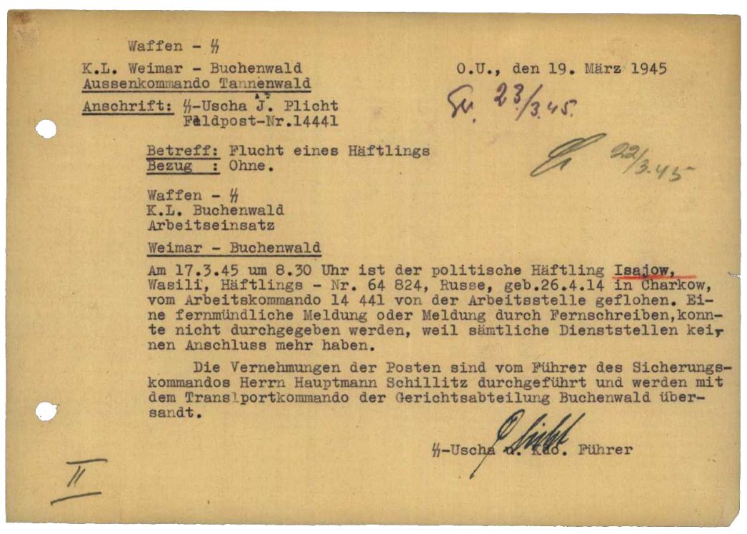 Von Kommandoführer Plicht unterzeichnete Meldung über die Flucht von Wasilij Isajow, 19. März 1945