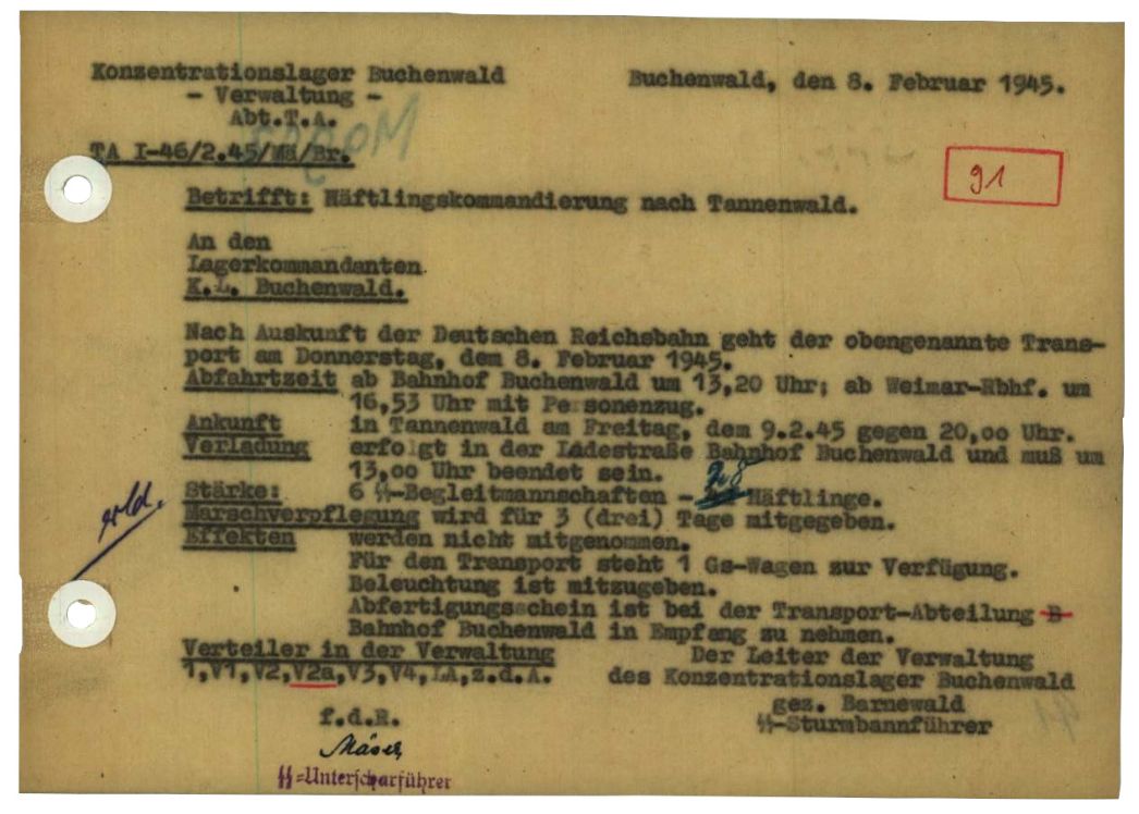 Vermerk des Verwaltungsleiters des KZ Buchenwald zu einem Häftlingstransport nach Kransberg (Bahnhof Usingen), 8. Februar 1945