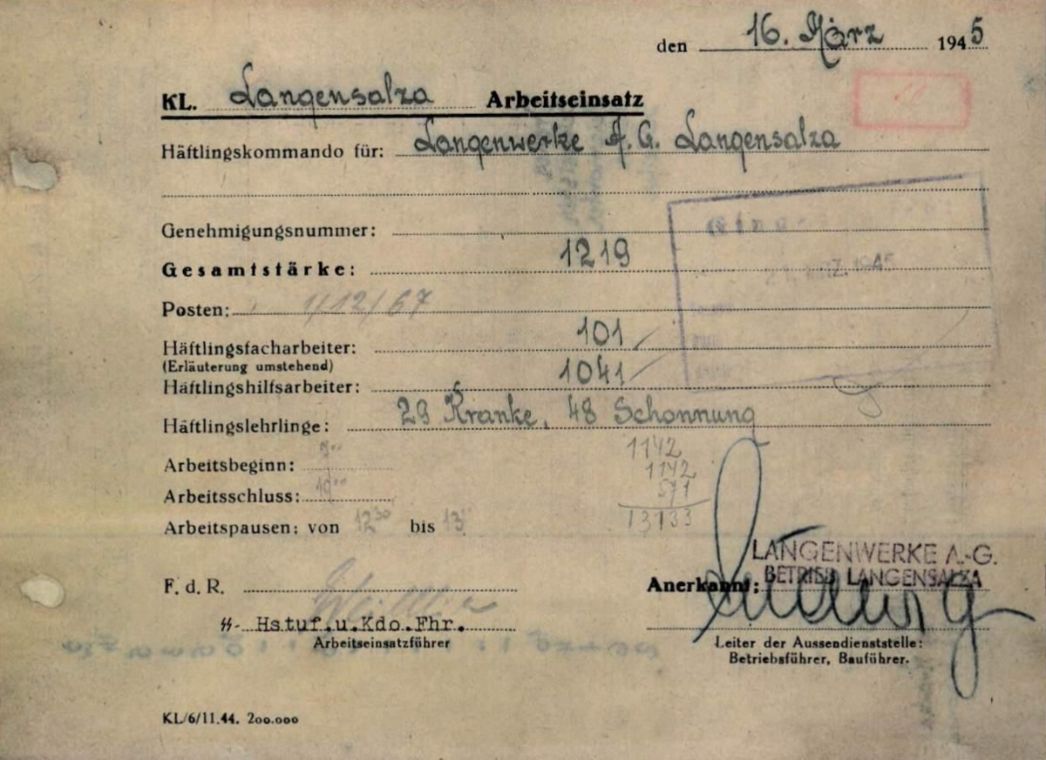 Arbeitseinsatzmeldung des Außenlagers Langensalza, 16. März 1945. Gearbeitet wurde an diesem Freitag von 7 bis 19 Uhr mit einer halben Stunde Pause. 77 Häftlinge waren wegen Krankheit oder „Schonung“ nicht im Werk eingesetzt. 