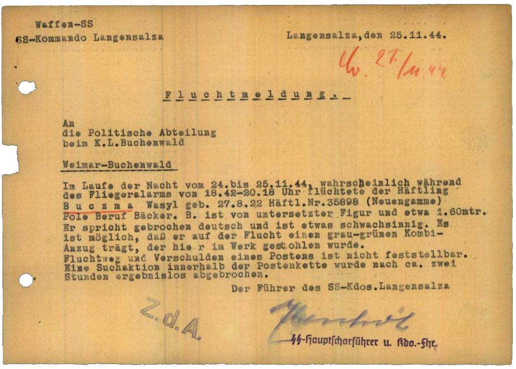 Von Kommandoführer Ebenhöh unterzeichnete Meldung über die Flucht zweier Häftlinge aus dem Lager in Langensalza während eines Fliegeralarms, 25. November 1944. Beide Männer wurden nicht wiederergriffen. Ihr Verbleib ist nicht bekannt.