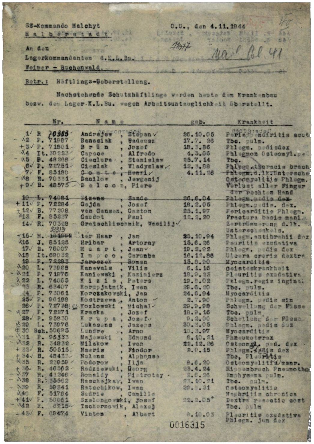 Liste mit den Namen von 44 Häftlingen, die wegen „Arbeitsuntauglichkeit“ zurück nach Buchenwald gebracht wurden, 4. November 1944. Einer der Männer starb noch vor der Abfahrt, ein anderer erreichte Buchenwald tot. 16 Männer kamen in den Tagen und Wochen nach der Ankunft in Buchenwald ums Leben.