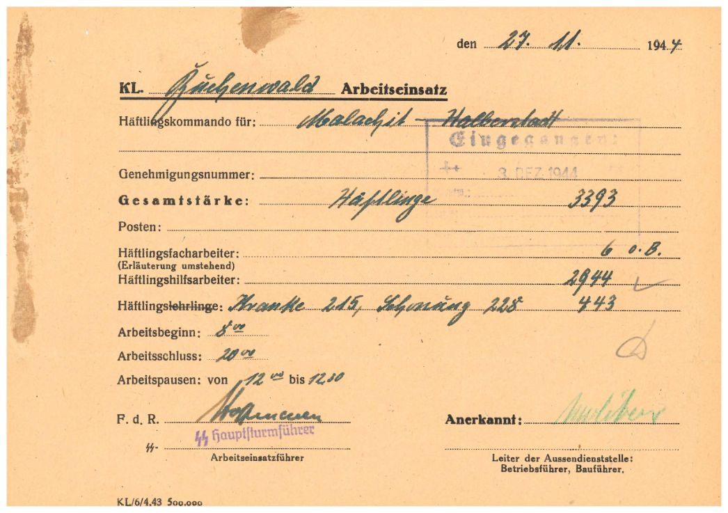 Arbeitseinsatzmeldung des Außenlagers Langenstein-Zwieberge, 27. November 1944. An diesem Tag arbeiteten 2.944 Häftlinge zwölf Stunden auf den „Malachit“-Baustellen. 443 Häftlinge galten als nicht arbeitsfähig („Kranke“ und „Schonung“). 