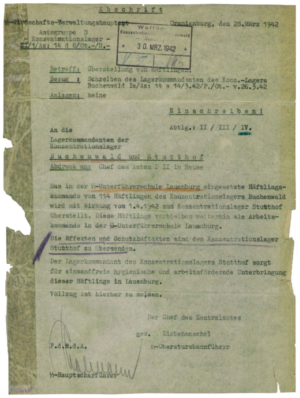 Schreiben des SS-Wirtschafts-Verwaltungshauptamtes an die Lagerkommandanten der Konzentrationslager Buchenwald und Stutthof, 28. März 1942. Die Unterstellung des Lagers in Lauenburg unter das KZ Stutthof wurde angeordnet.