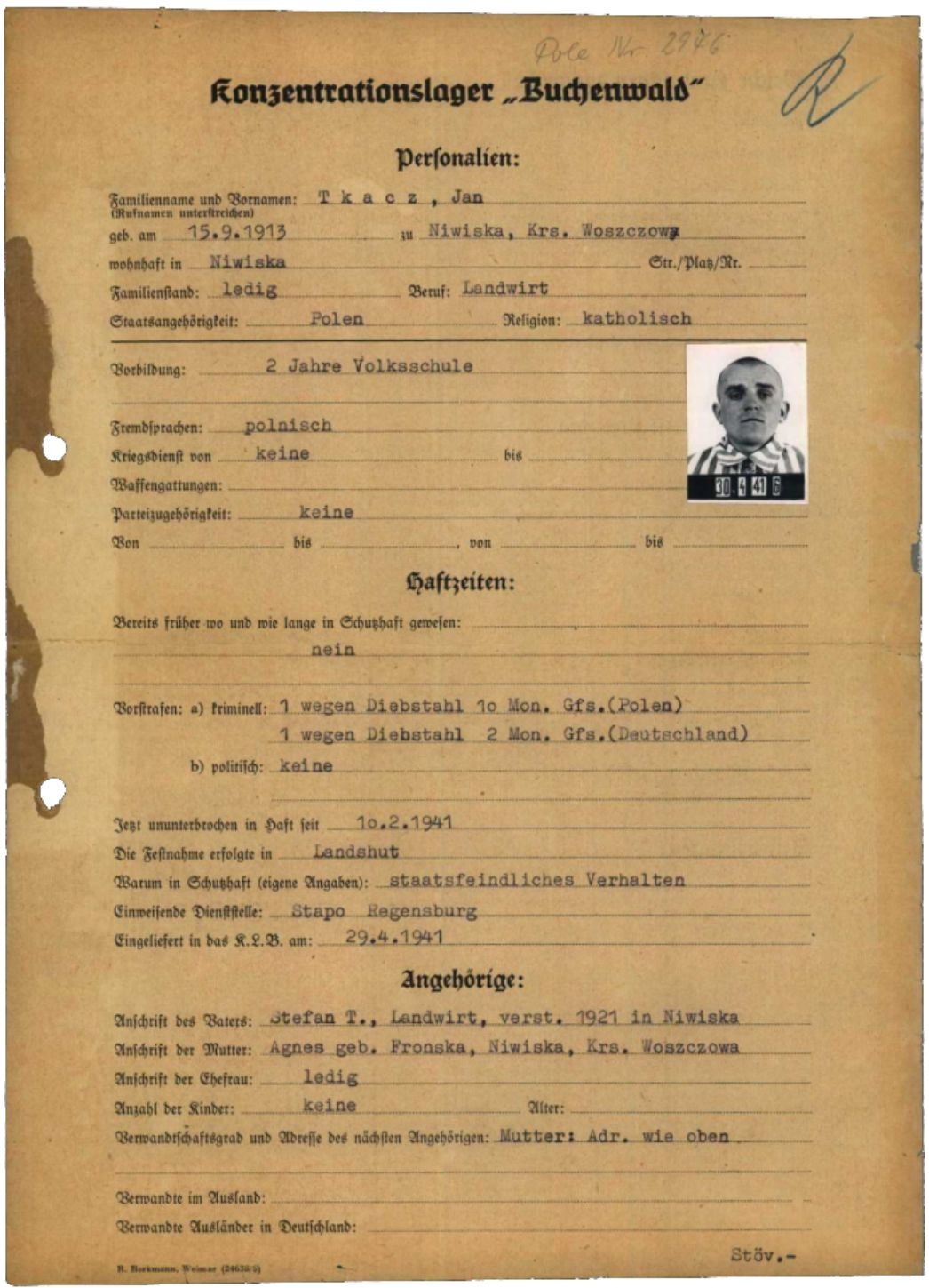 Personalbogen des KZ Buchenwald für den polnischen Häftling Jan Tkacz, 1941