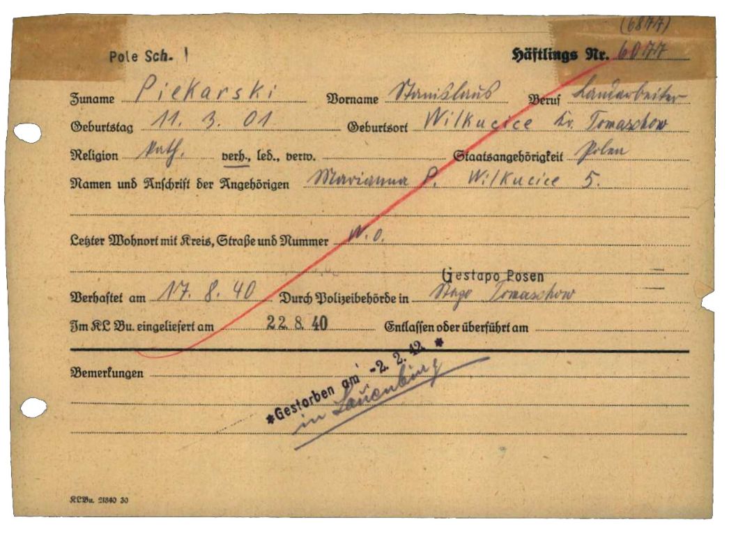 Personalbogen des KZ Buchenwald für den polnischen Häftling Stanislaus Piekarski, 1940