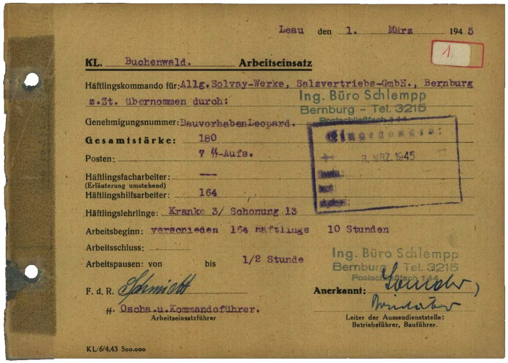 Arbeitseinsatzmeldung des Frauenaußenlagers Leau, 1. März 1945. Von den 180 Frauen mussten an diesem Tag 164 in einer zehnstündigen Schicht arbeiten. 16 Frauen waren wegen Krankheit nicht einsatzfähig.
