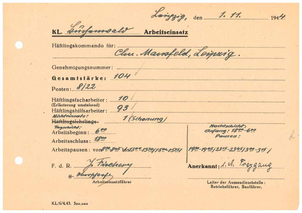 Arbeitseinsatzmeldung des Außenlagers Leipzig-Mansfeld, 1. November 1944. An diesem Tag arbeiteten insgesamt 103 Häftlinge in der Tag- und Nachtschicht (6 bis 18 Uhr bzw. 18 bis 6 Uhr). Ein Häftling konnte wegen Krankheit nicht arbeiten („Schonung“).